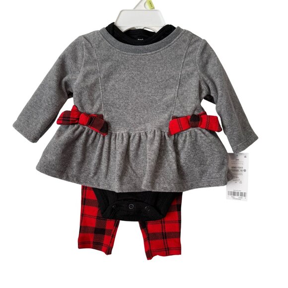 NWT 3-Piece Set Grey Fleece Top Red Plaid Leggings & Black Bodysuit 3M Carters - Picture 1 of 6